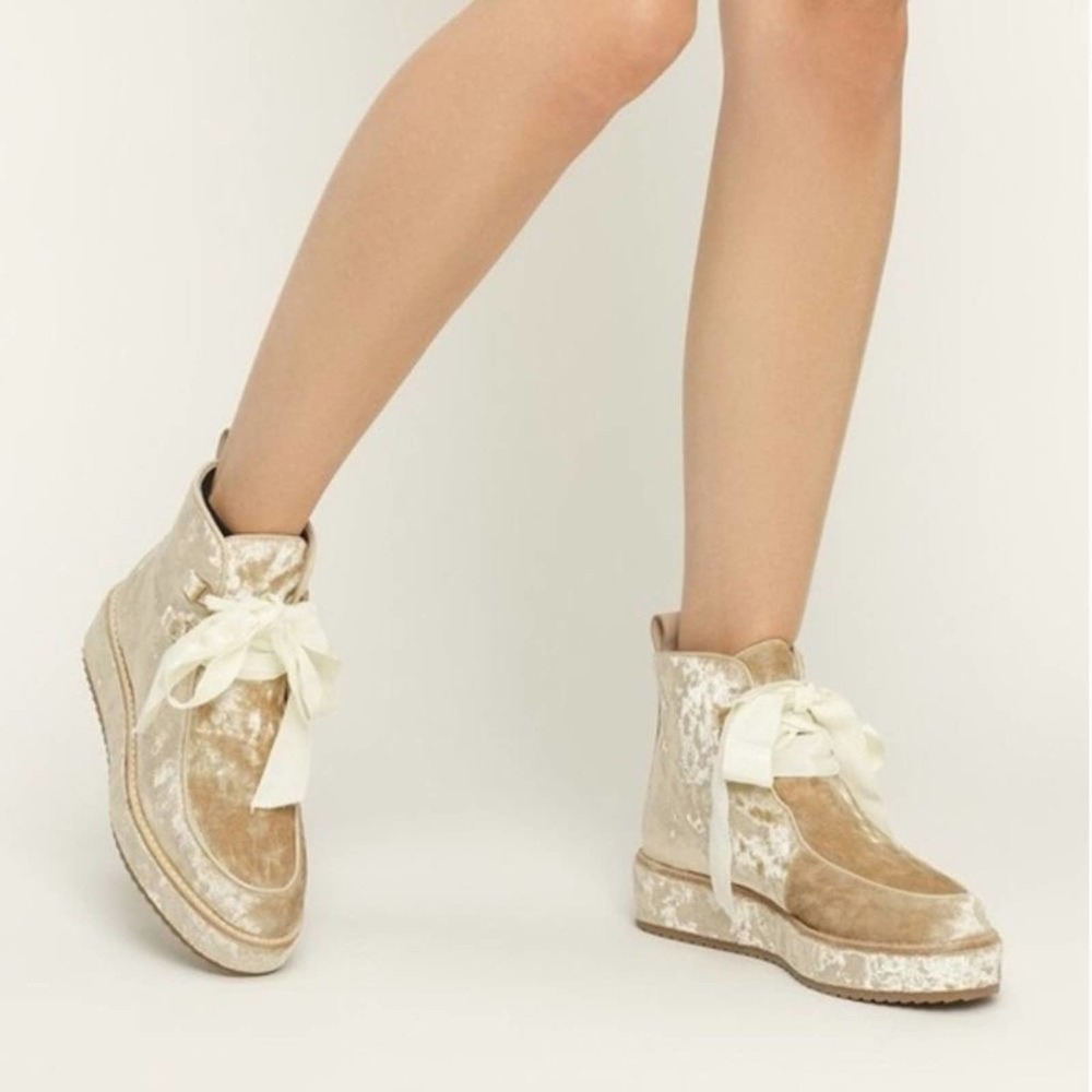 Cream and Tan Velvet Ankle Boots